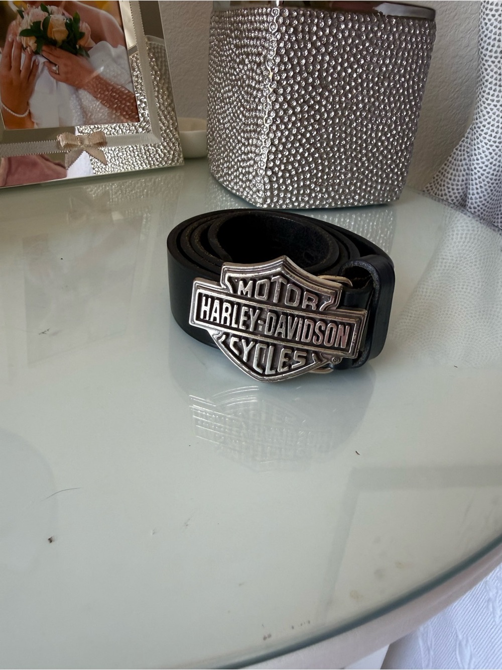 Harley-Davidson Black Leather Belt with Silver Shield Buckle 38 inch